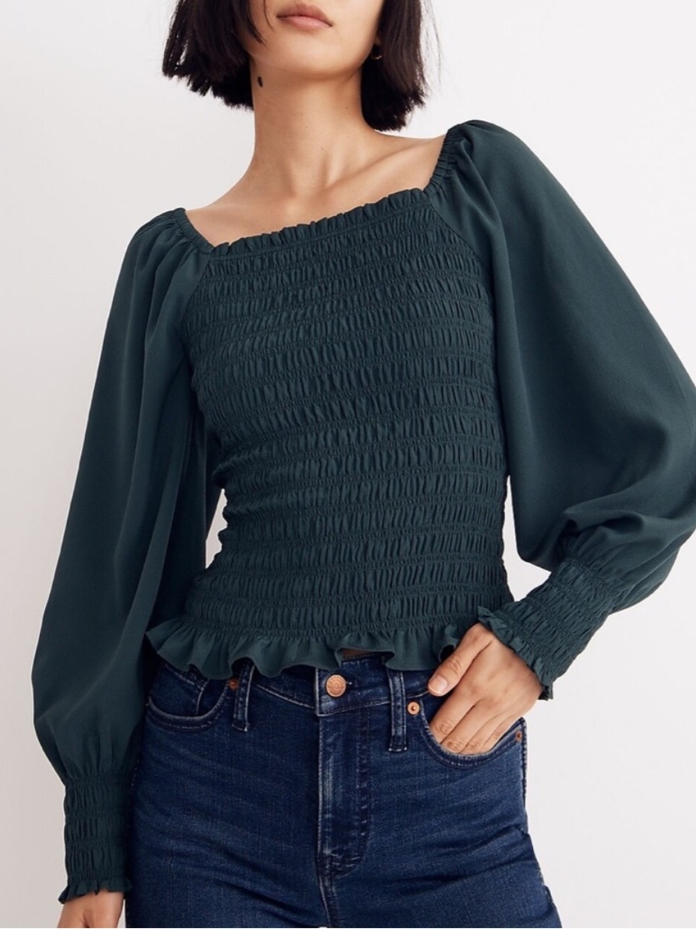 Madewell Lucie Smocked Long-Sleeve Top - Dark Green